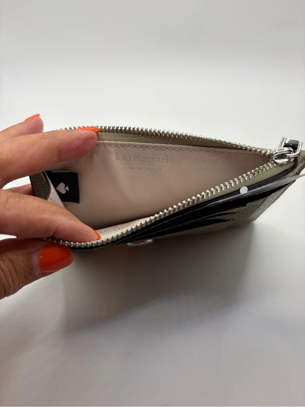 kate spade Olive Green Pebble Leather Card Holder with Spade Logo